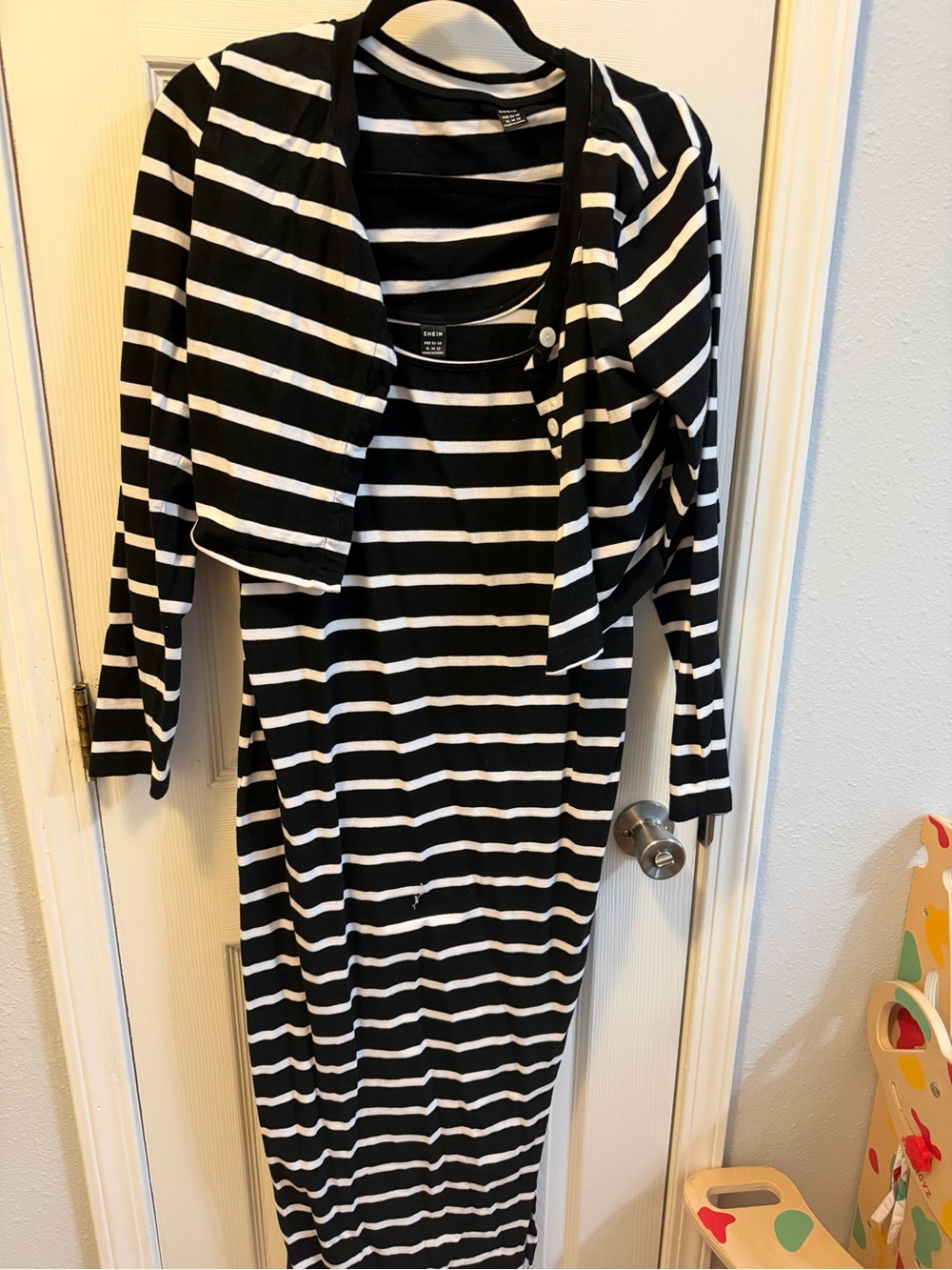 SHEIN Black and White Striped Long Sleeve Dress with Matching Cardigan